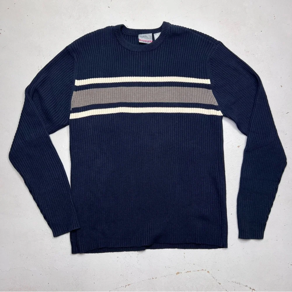 Aeropostale Men’s Vintage Y2K Slim Fit Navy Crème/Gray Stripe Pullover Sweater